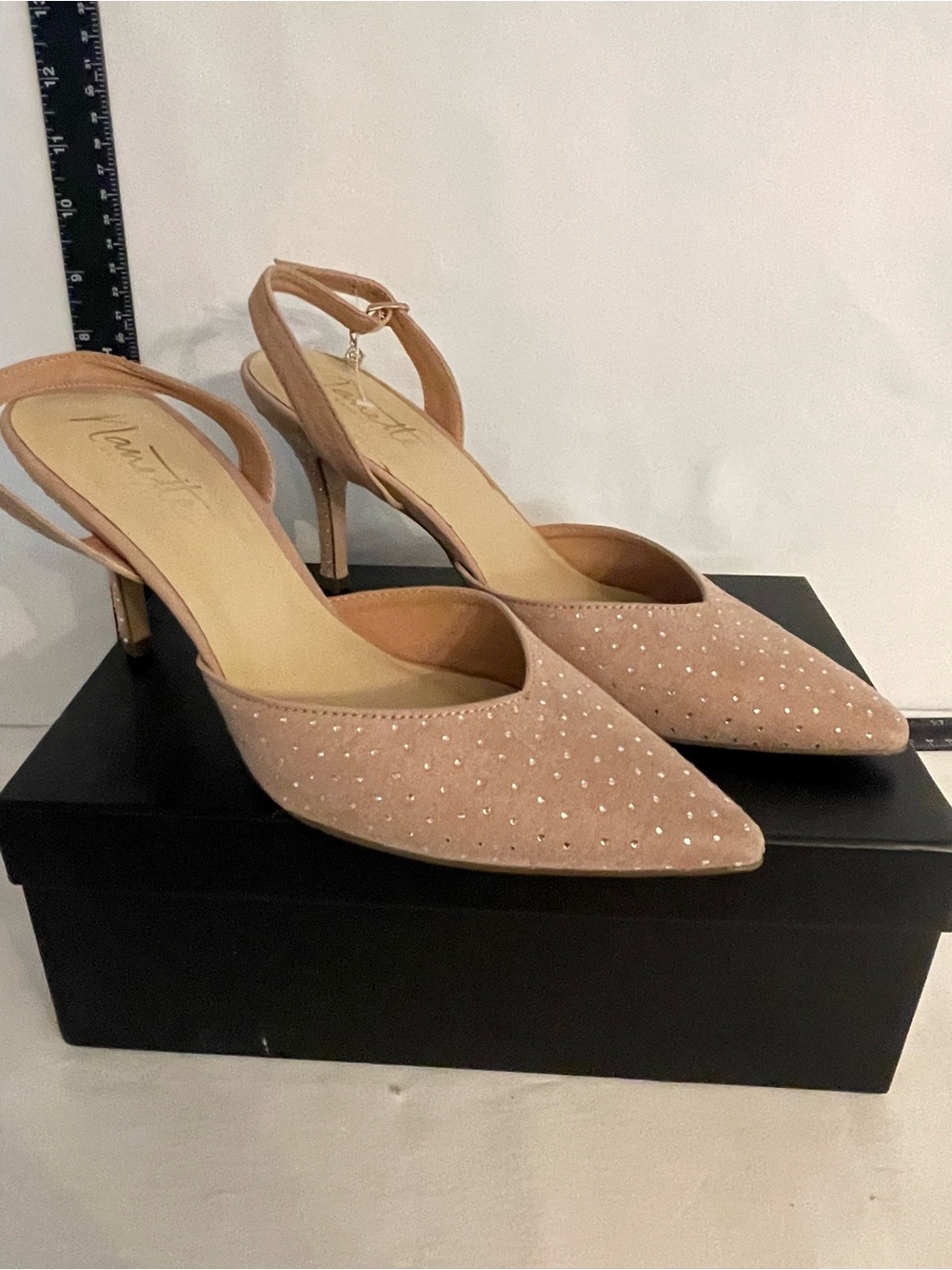 Nanette Lepore Blush Pink Pointed-Toe Slingback Heels with Rhinestones